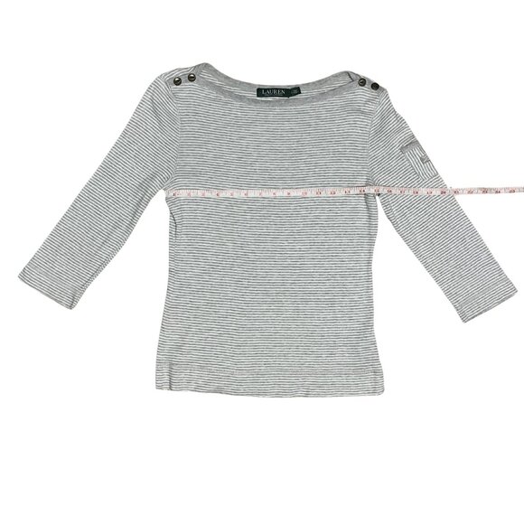 Lauren Ralph Lauren Gray Striped Nautical Button Shoulder Top 3/4 Sleeve Size M - Picture 4 of 12